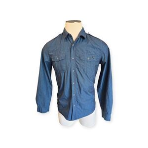 Guess Button Up Shirt Long Sleeve Navy Blue Pocket Guess Logo Mens M